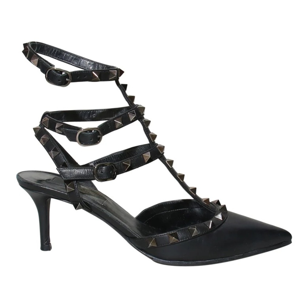 Valentino Garavani 37 Rockstud Patent Leather Caged Slings Pumps Black 65MM